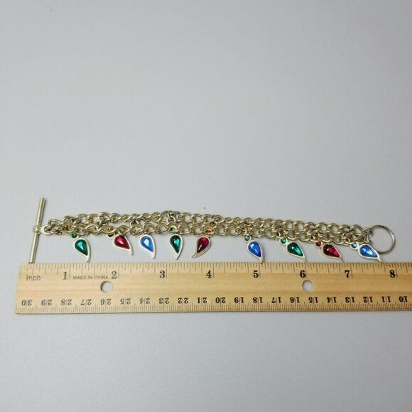 Vintage Jewel Tone Rhinestone Charm Bracelet, Two Strand Gold Tone Toggle Clasp - Picture 4 of 6